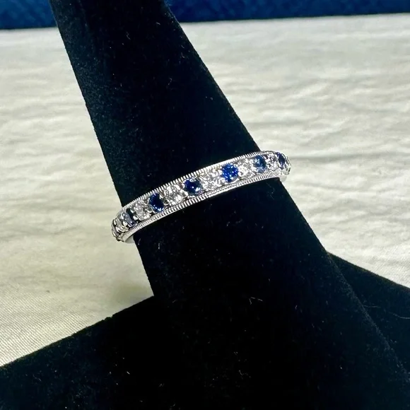 TACORI 925 Sterling Silver Eternity Band CZ Blue Colored Stones; SZ 7.5 - Picture 5 of 8